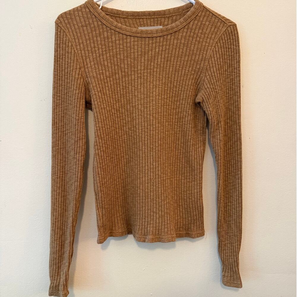 Everlane Organic Cotton Ribbed Crewneck Shirt Camel Brown Size S
